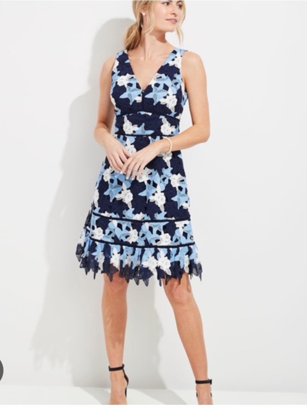 Vineyard Vines Navy and Light Blue Floral Lace V-Neck Mini Dress